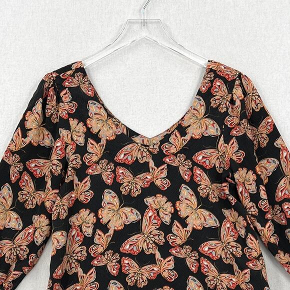 JOHNNY WAS Silk Akil Butterfly Print Top Womens XS Black V Neck 3/4 Puff Sleeve - Picture 4 of 13